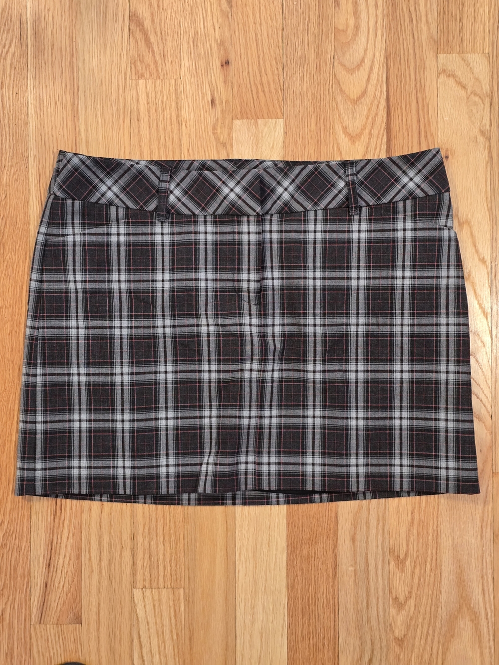 Express Plaid Mini Skirt in Black, Gray and Red Accent